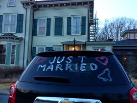 Just Married sign on a car